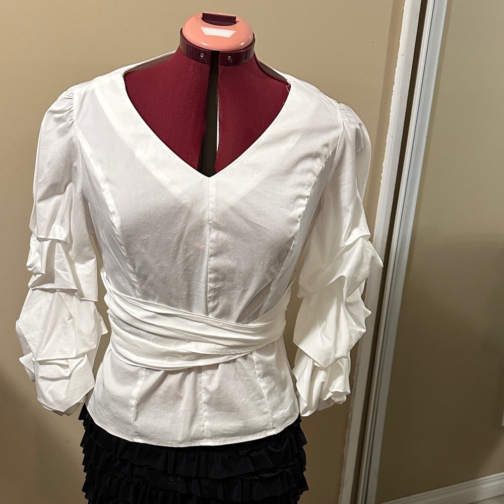 Women's White V-Neck Ruffle Sleeve Wrap Top